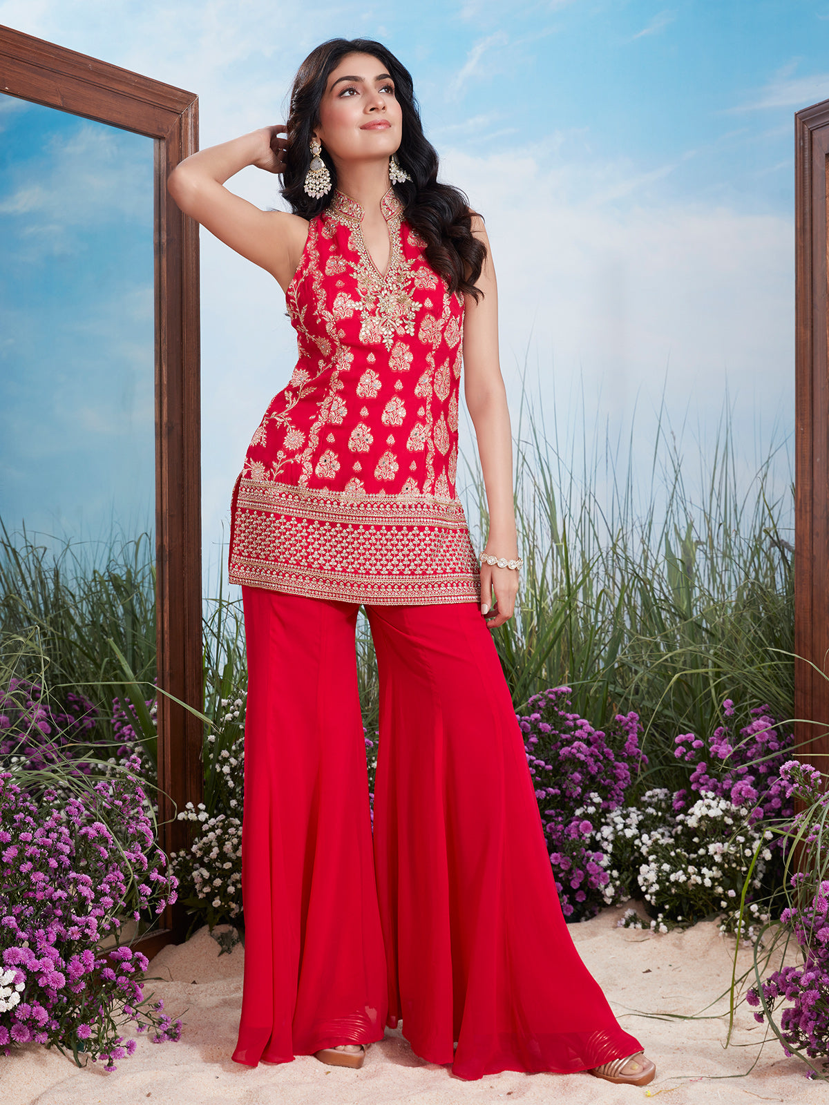 Red silver embellished silk high neck palazzo suit