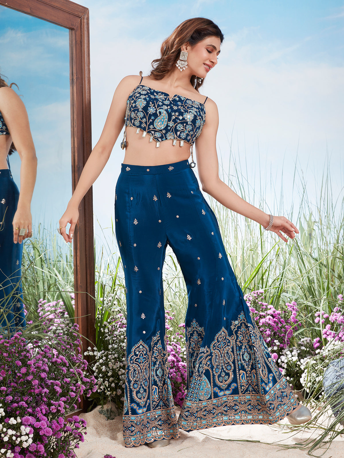 Blue indo western mirror work muslin palazzo suit