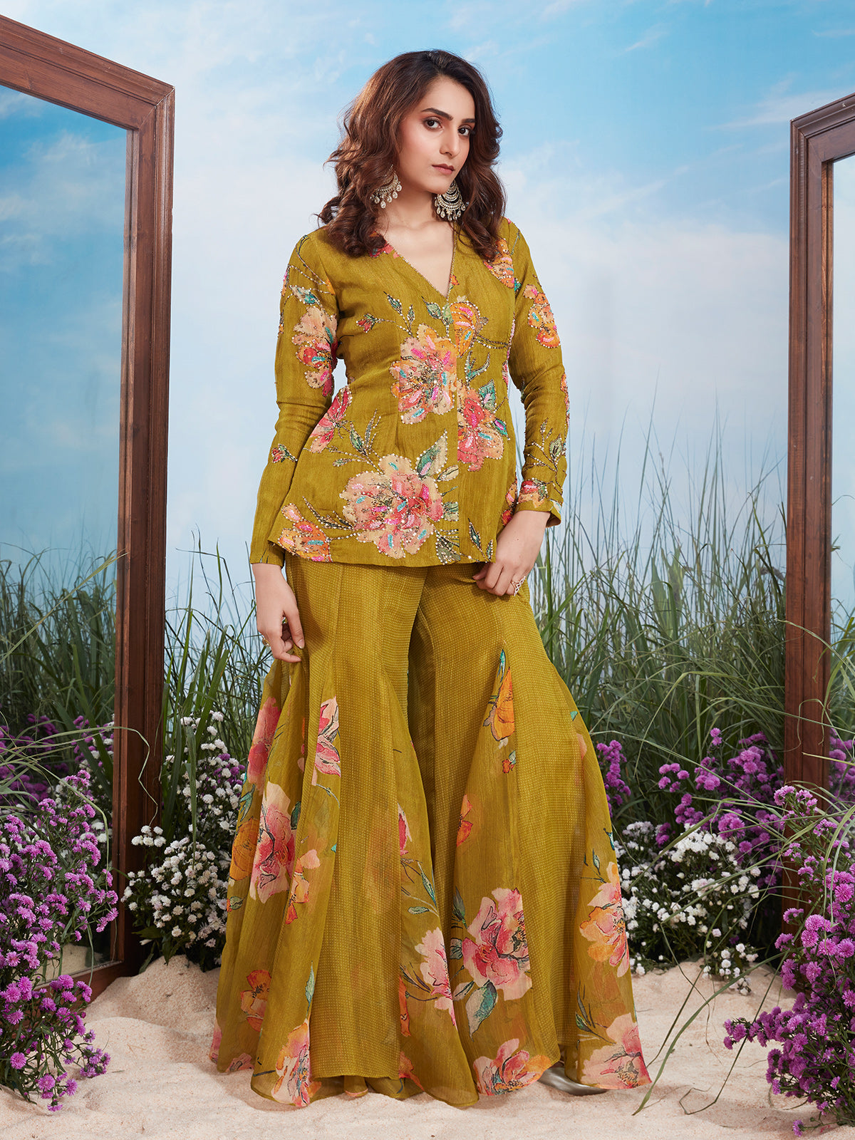 Olive green floral crushed tissue silk sharara suit