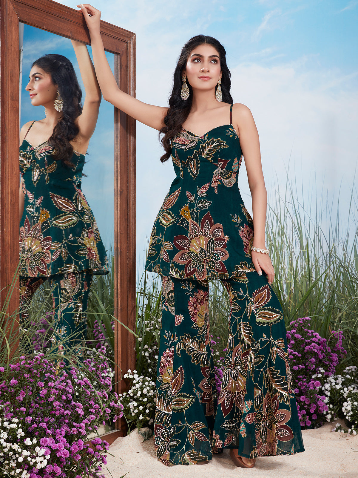 Teal green floral print georgette silk sharara suit