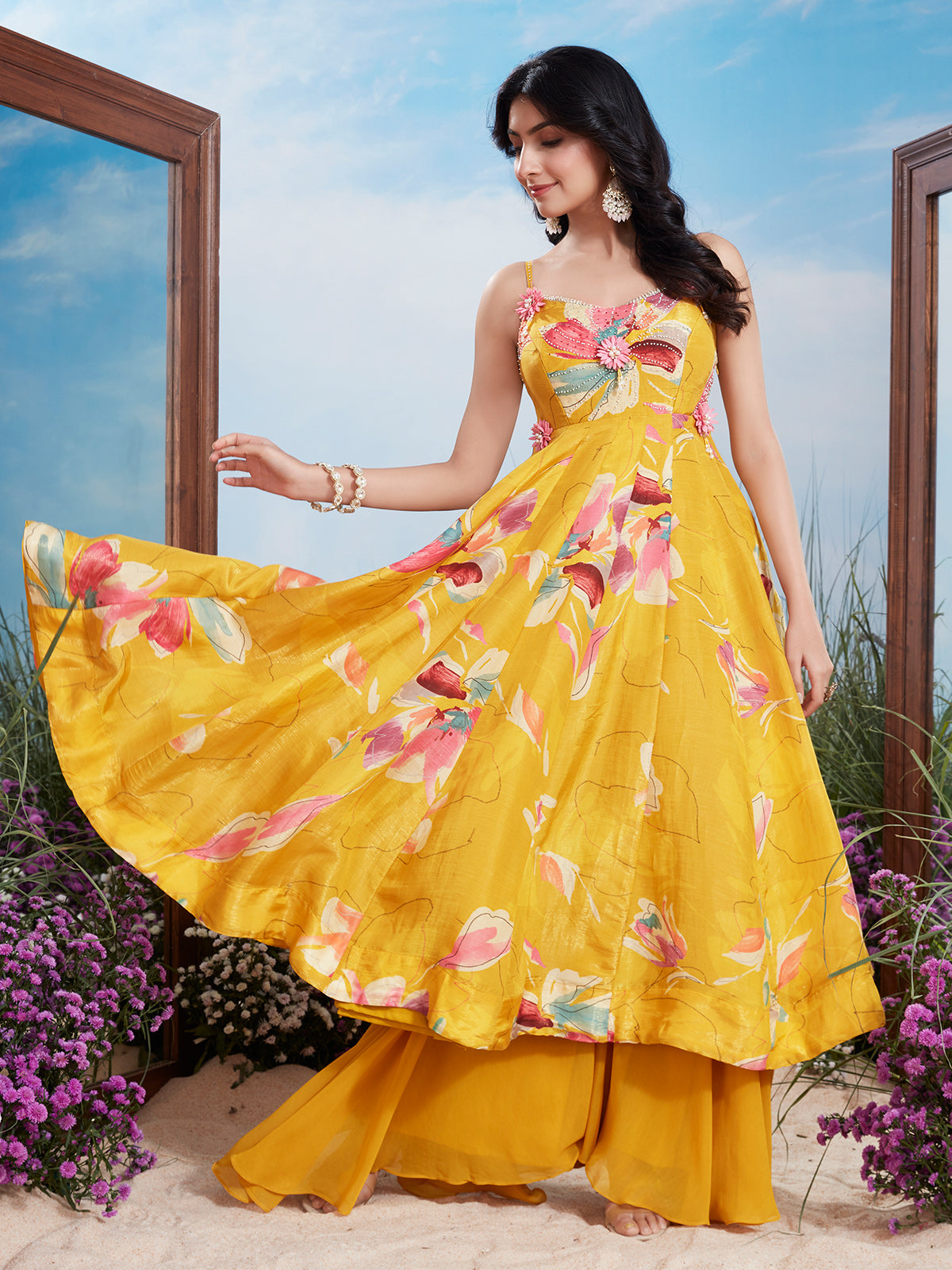 Yellow floral print pearl work silk palazzo suit