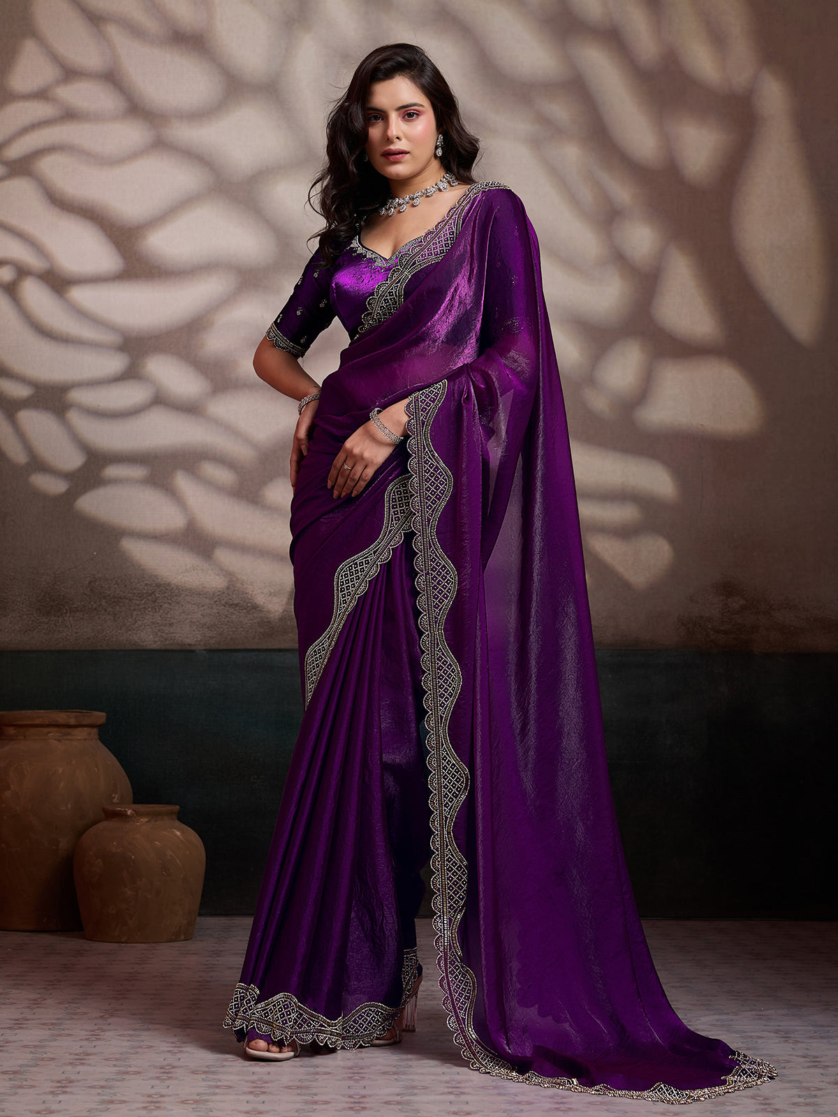 Purple stone worked satin silk saree for party wear
