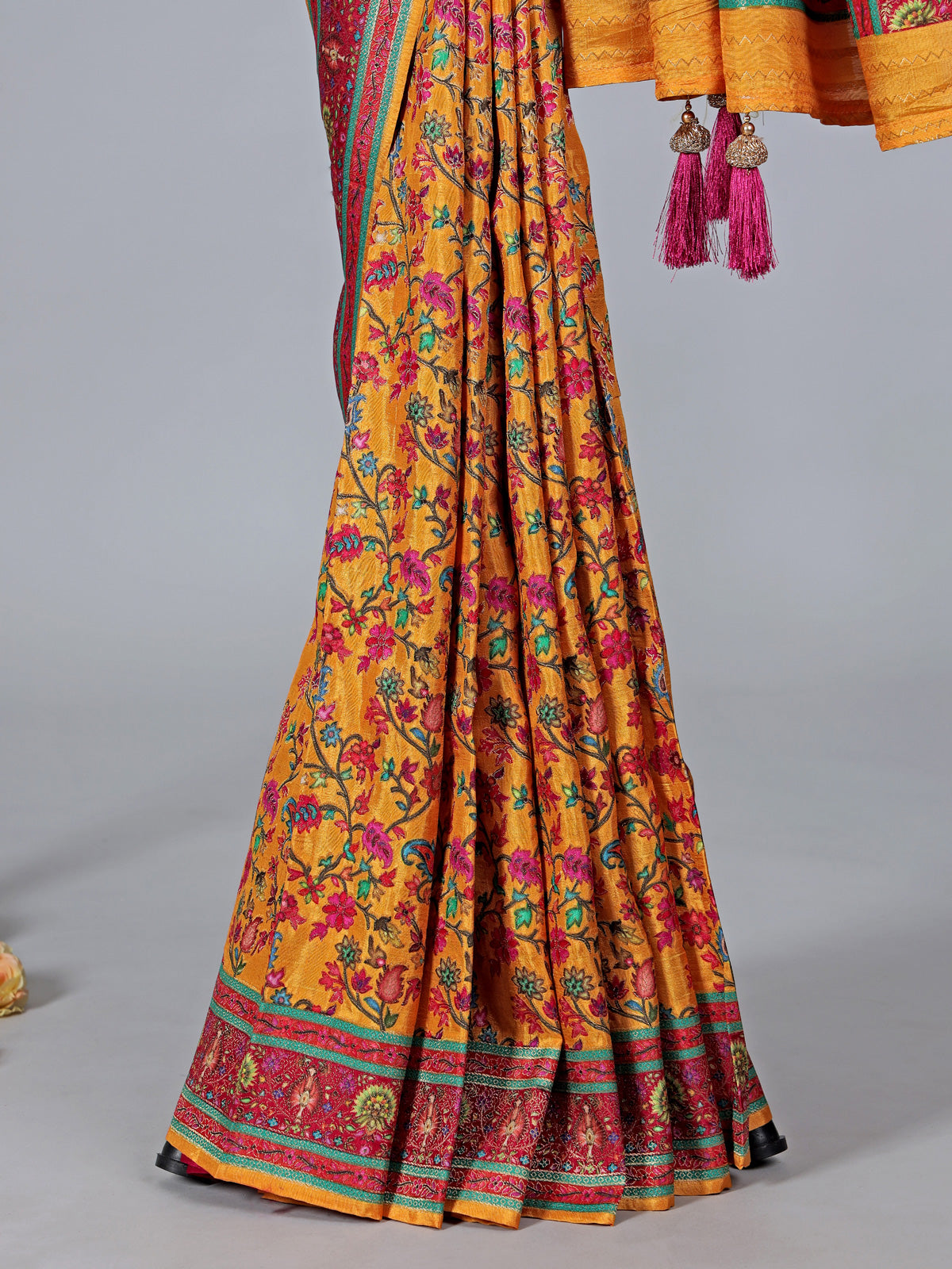 Yellow semi pashmina silk saree with zari shine