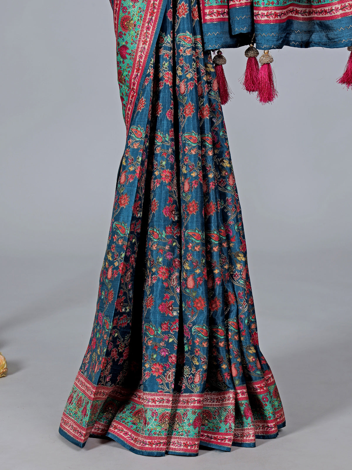 Rama blue wedding wear saree in semi pashmina silk