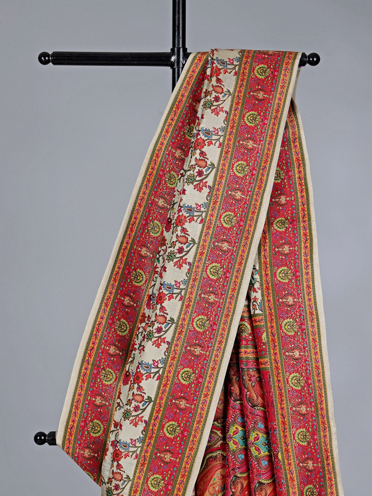 Cream semi pashmina silk saree with motfs weaving
