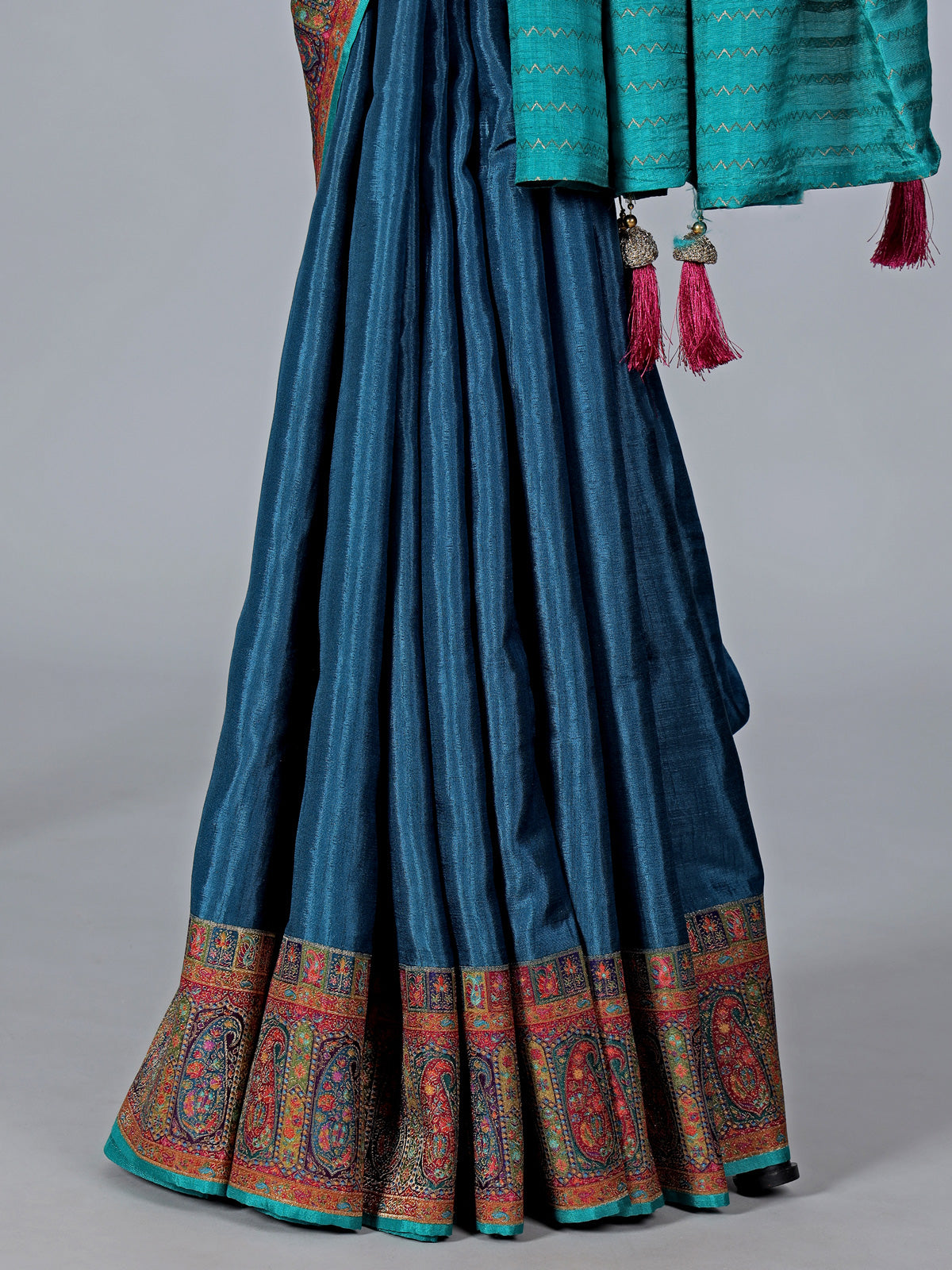 Rama blue zari worked saree in semi pashmina silk