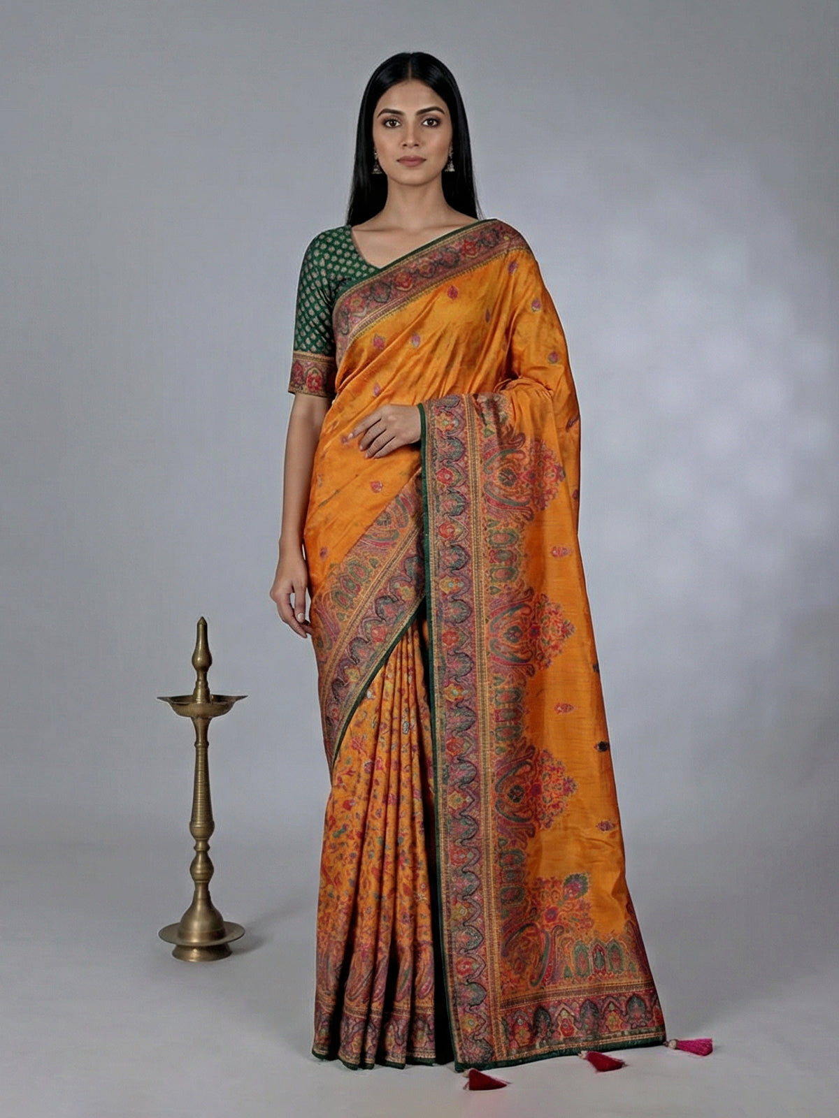 Mustard yellow haldi wear saree in semi pashmina silk