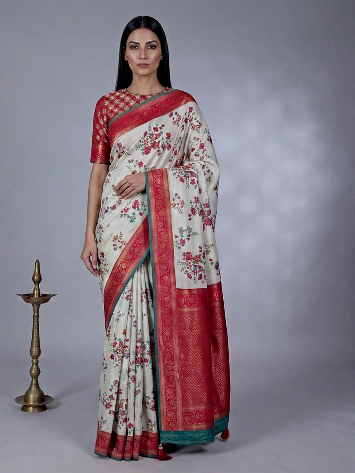 Off white semi pashmina silk saree with print