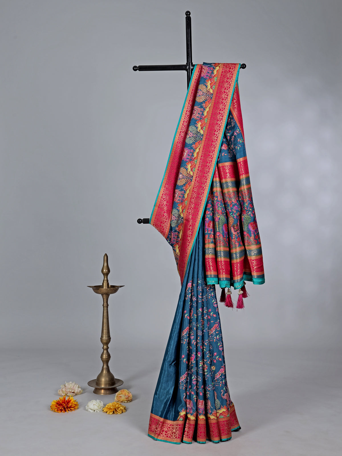 Rama blue wedding wear semi pashmina silk saree