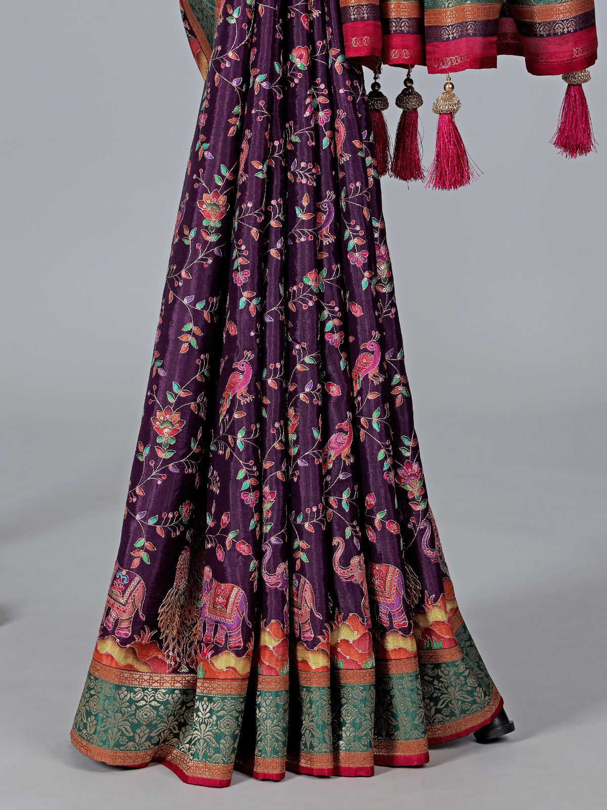 Dark purple semi pashmina silk saree for wedding