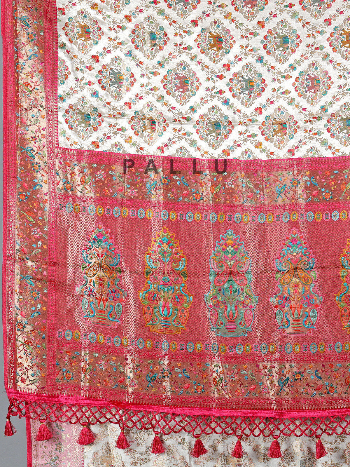 Cream wedding wear semi pashmina silk saree