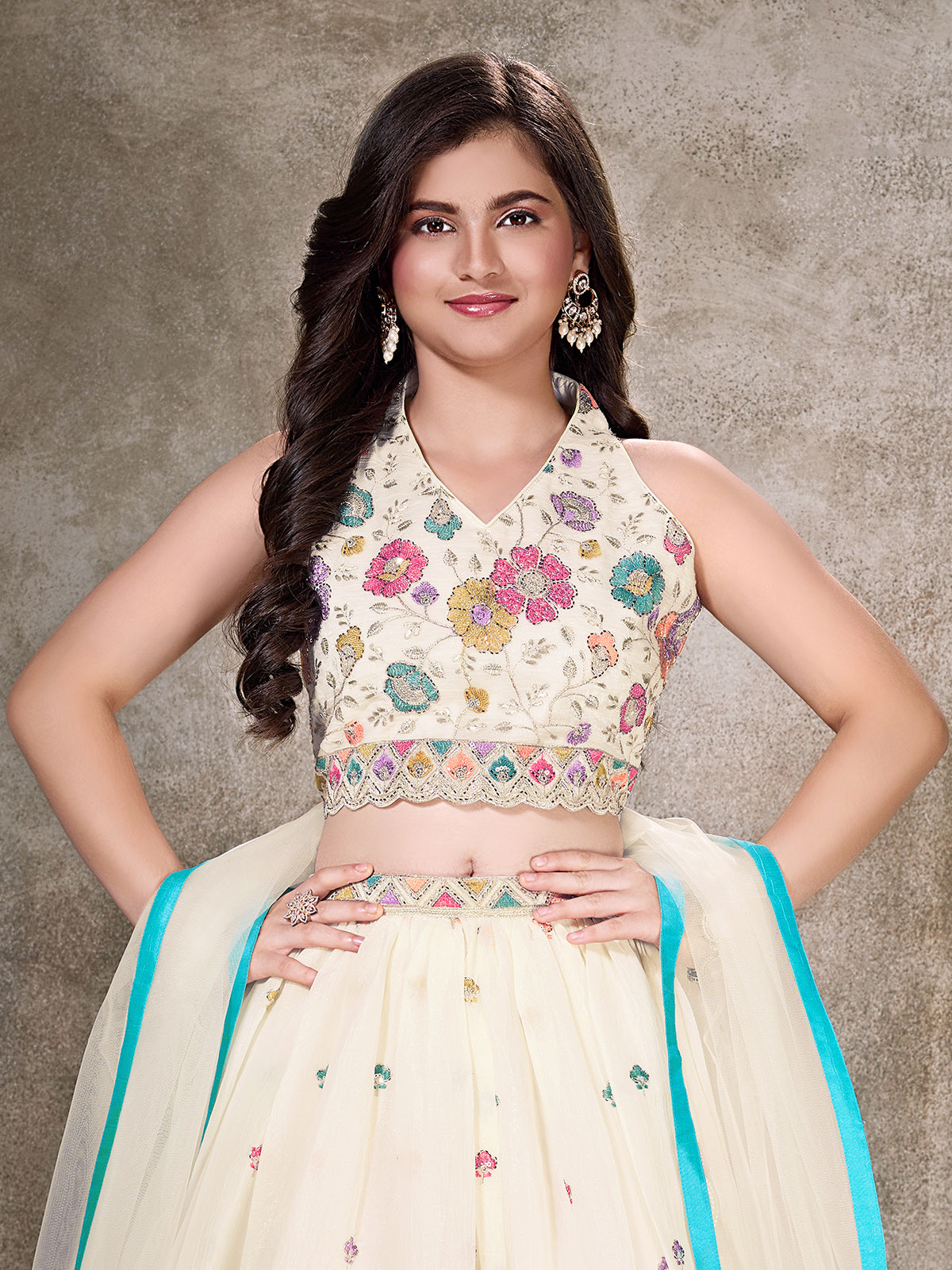Cream reception wear girls lehenga choli