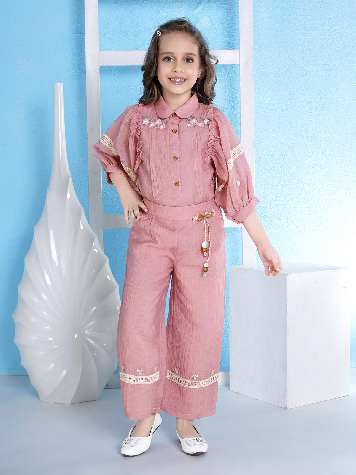 Light pink tissue silk co ord set for girls