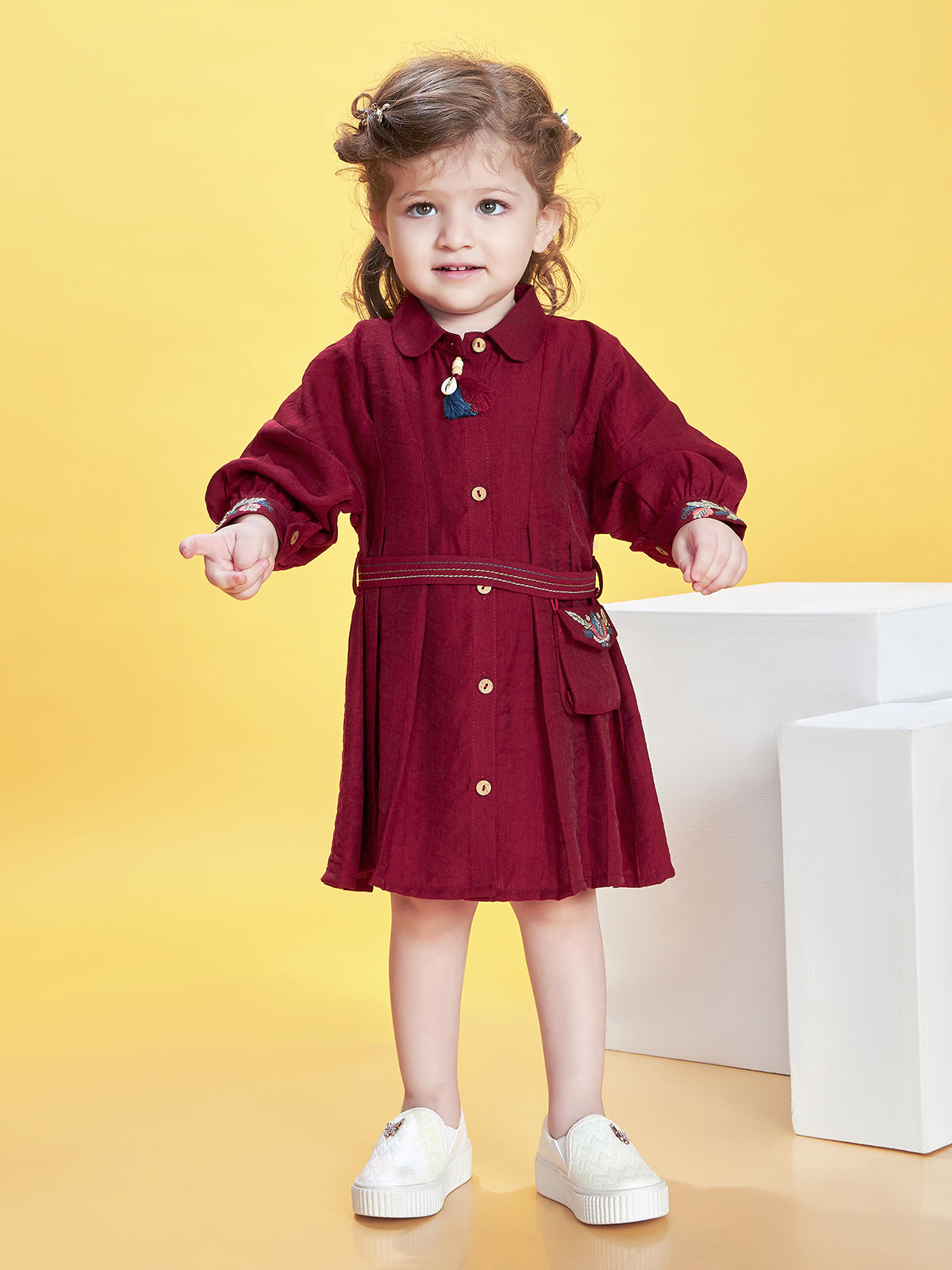 Maroon textured cotton frock with waistbelt