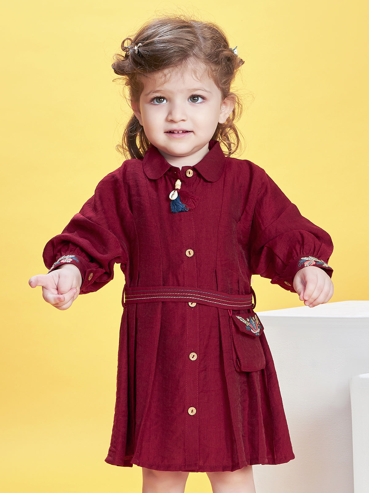 Maroon textured cotton frock with waistbelt