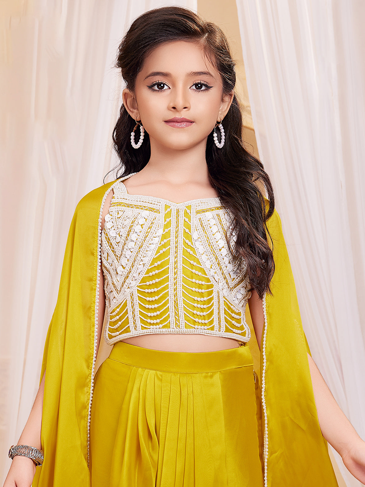 Yellow georgette dhoti suit with long shrug