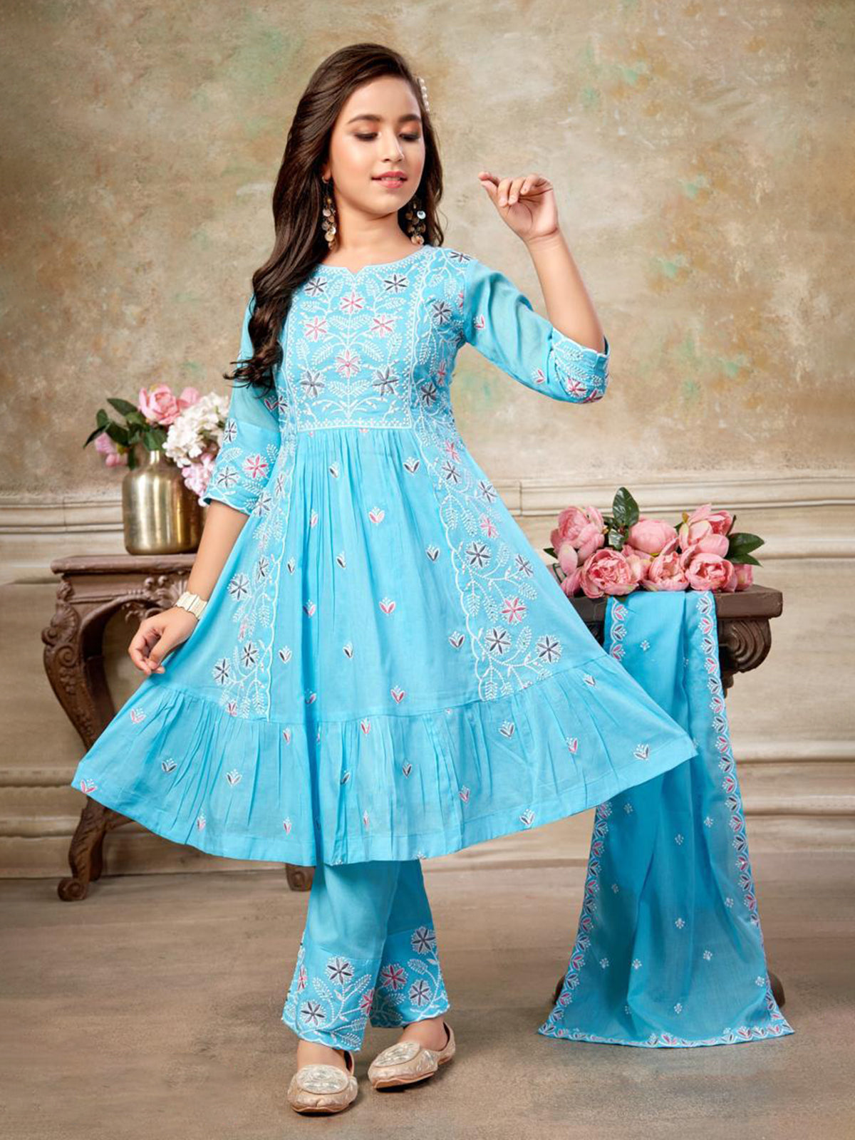 Blue cotton festive wear anarkali suit for girls wedding wear