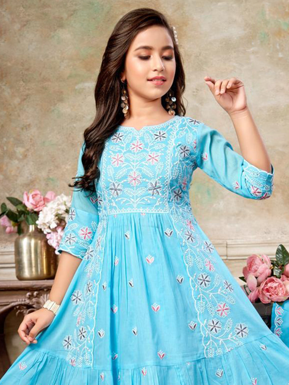 Blue cotton festive wear anarkali suit for girls wedding wear