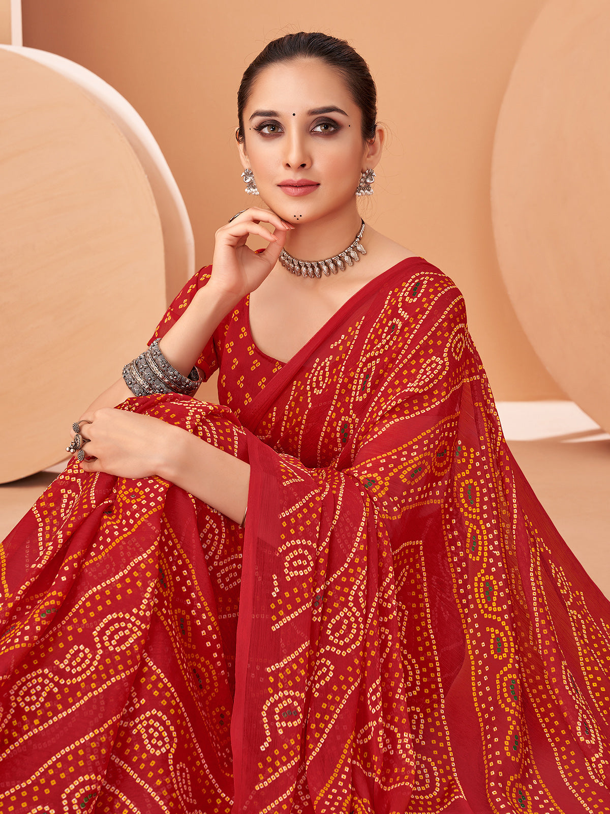 Red bandhani printed chiffon saree with unstitched blouse for women