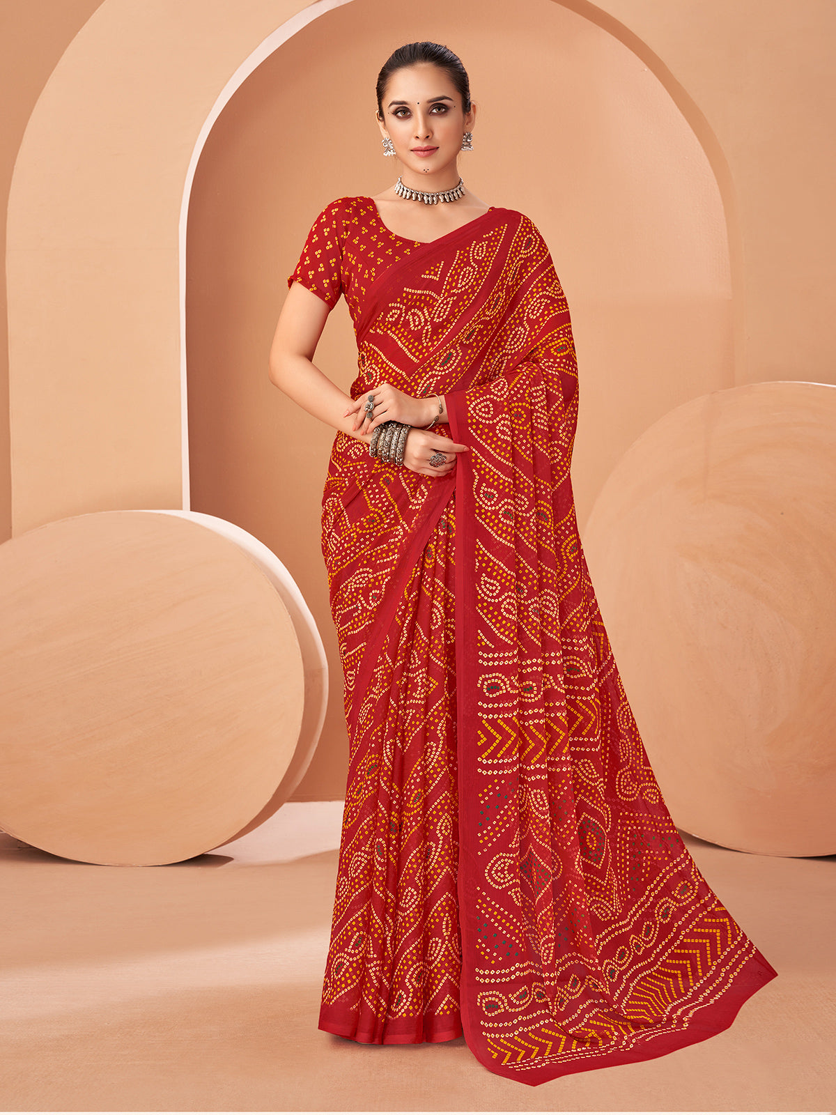 Red bandhani printed chiffon saree with unstitched blouse for women