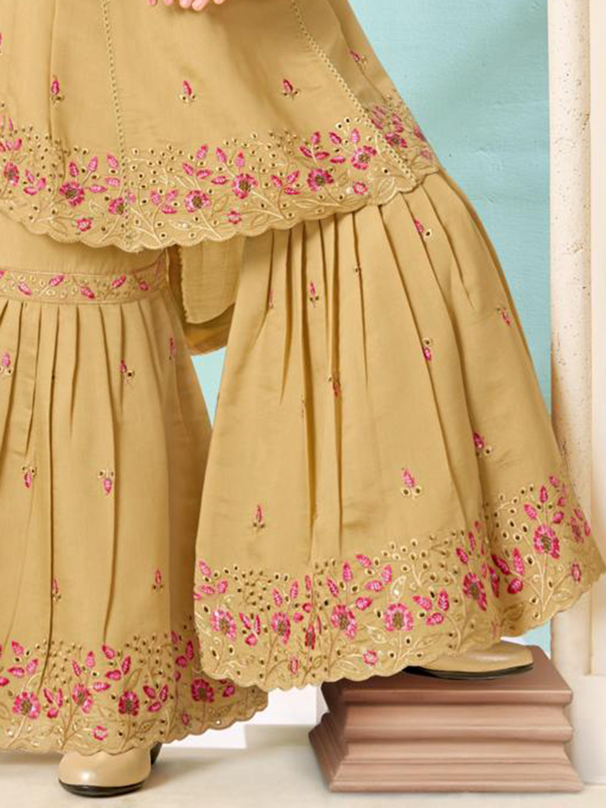 Beige cotton sharara suit with thread and cutwork