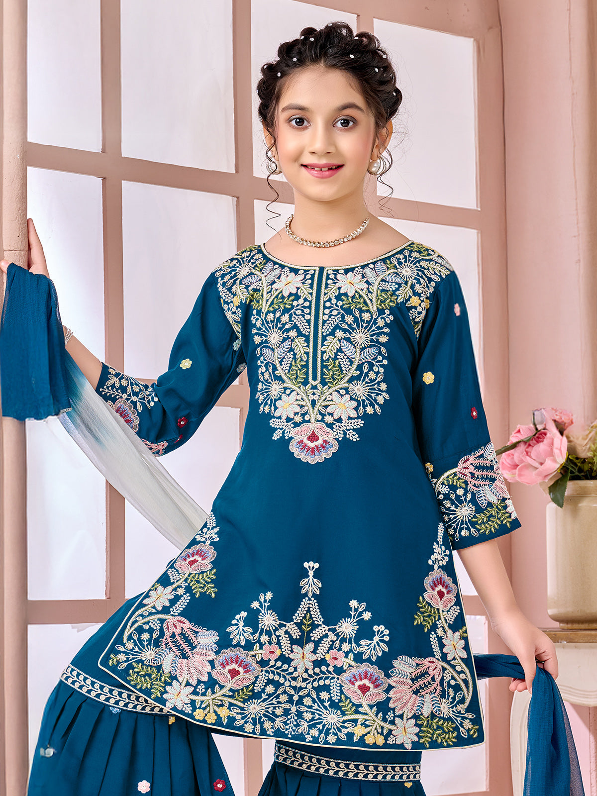Navy wedding wear cotton silk sharara suit for girls