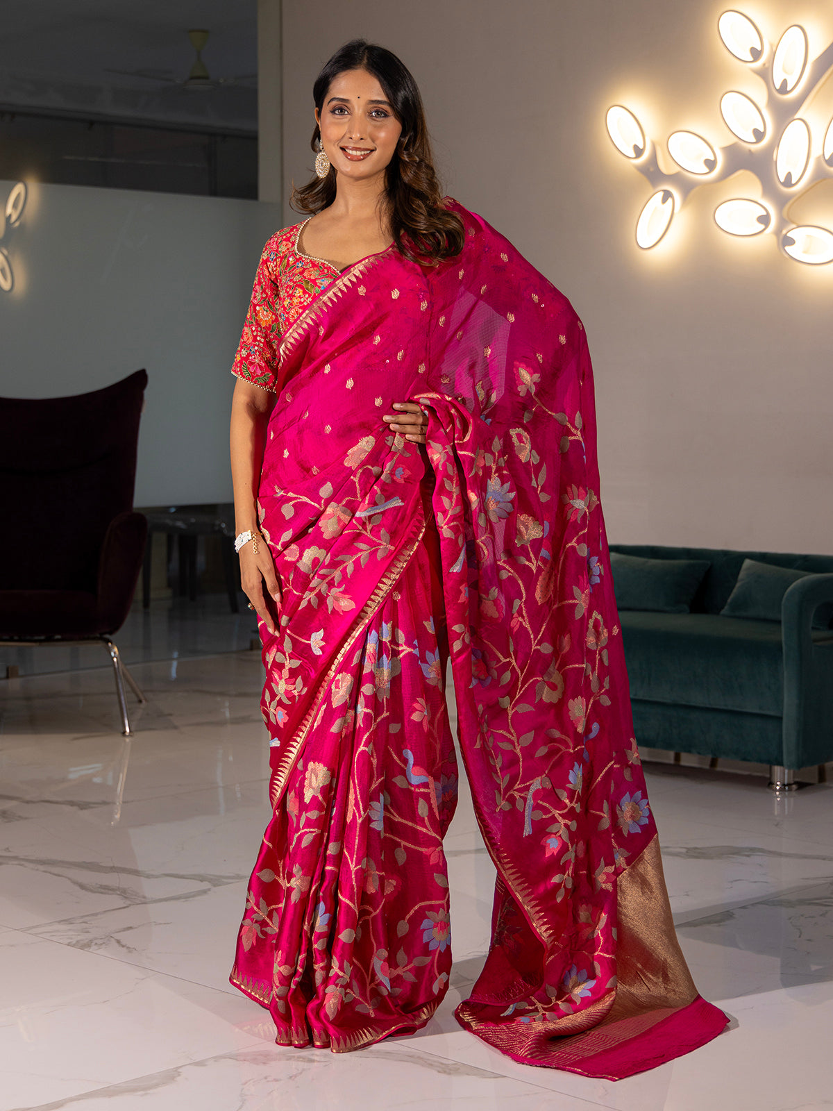 Rani pink cotton silk saree with floral motif weaving