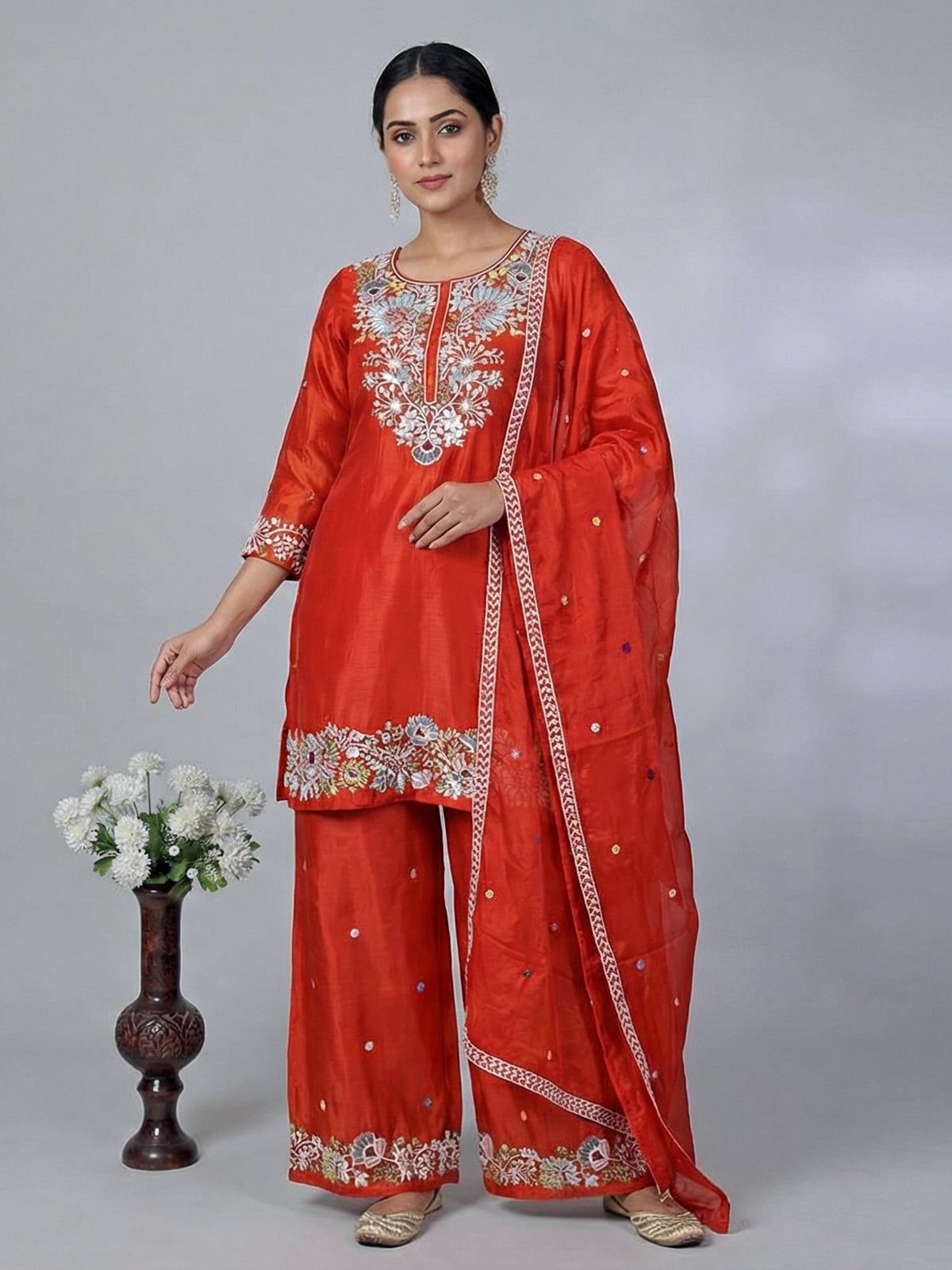 Red silk palazzo suit for women wedding celebration
