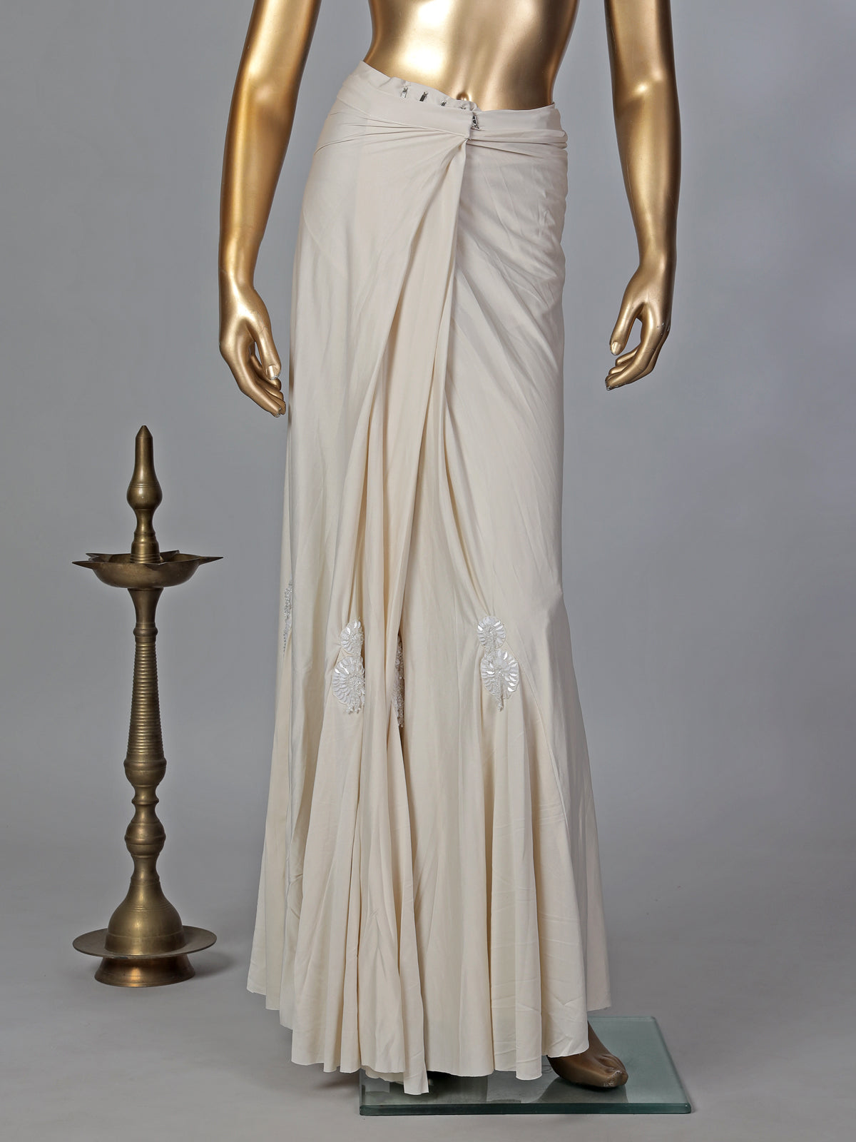 Classy cream lycra ready to wear saree with belt