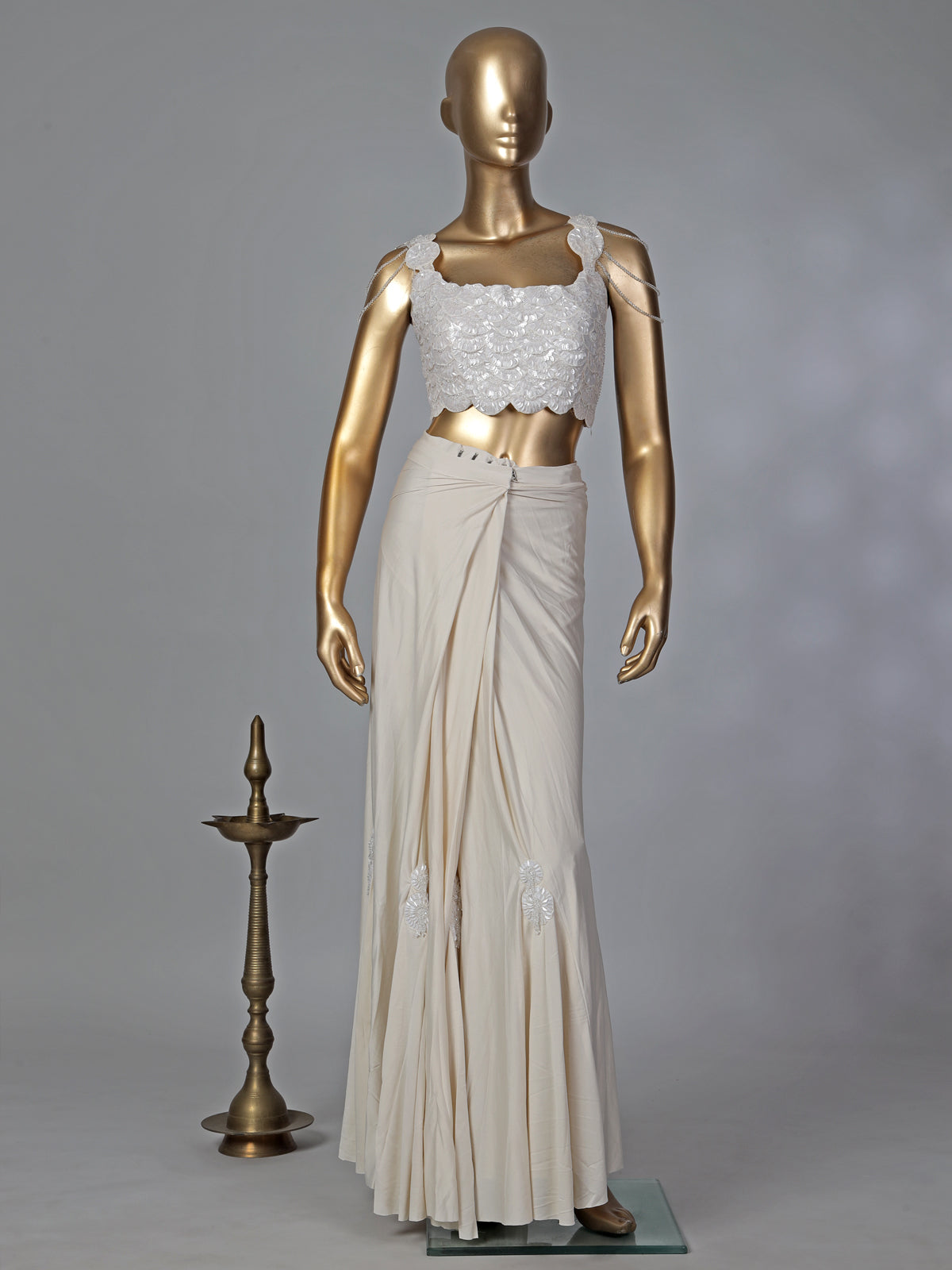 Classy cream lycra ready to wear saree with belt