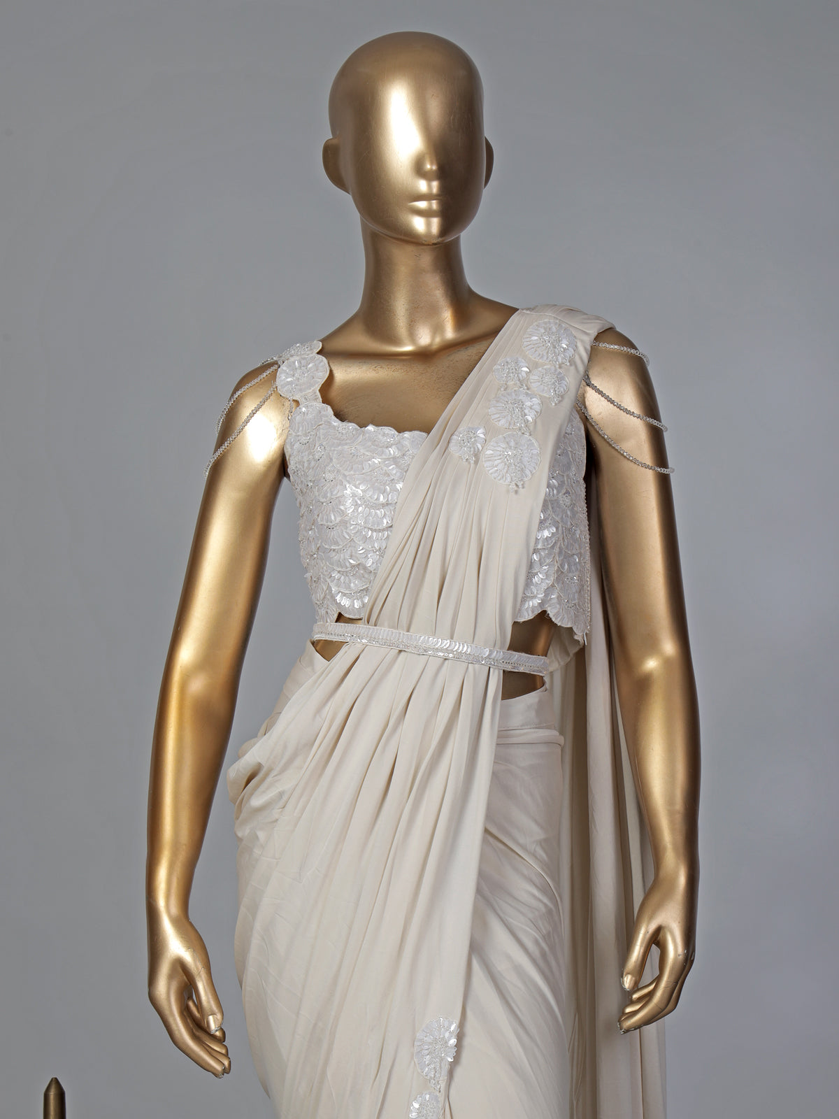 Classy cream lycra ready to wear saree with belt