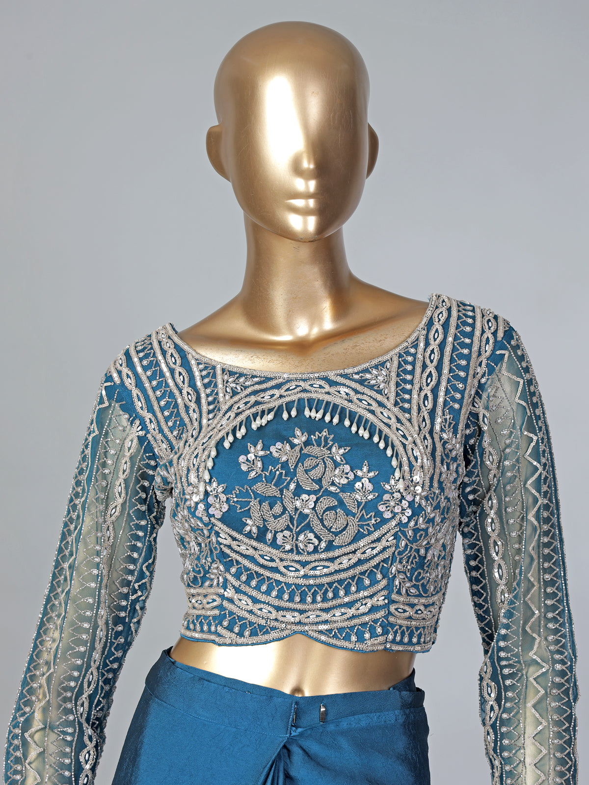 Peacock blue lycra ready to wear saree with ruffled pallu