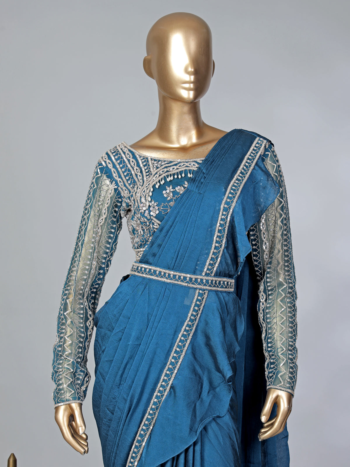 Peacock blue lycra ready to wear saree with ruffled pallu