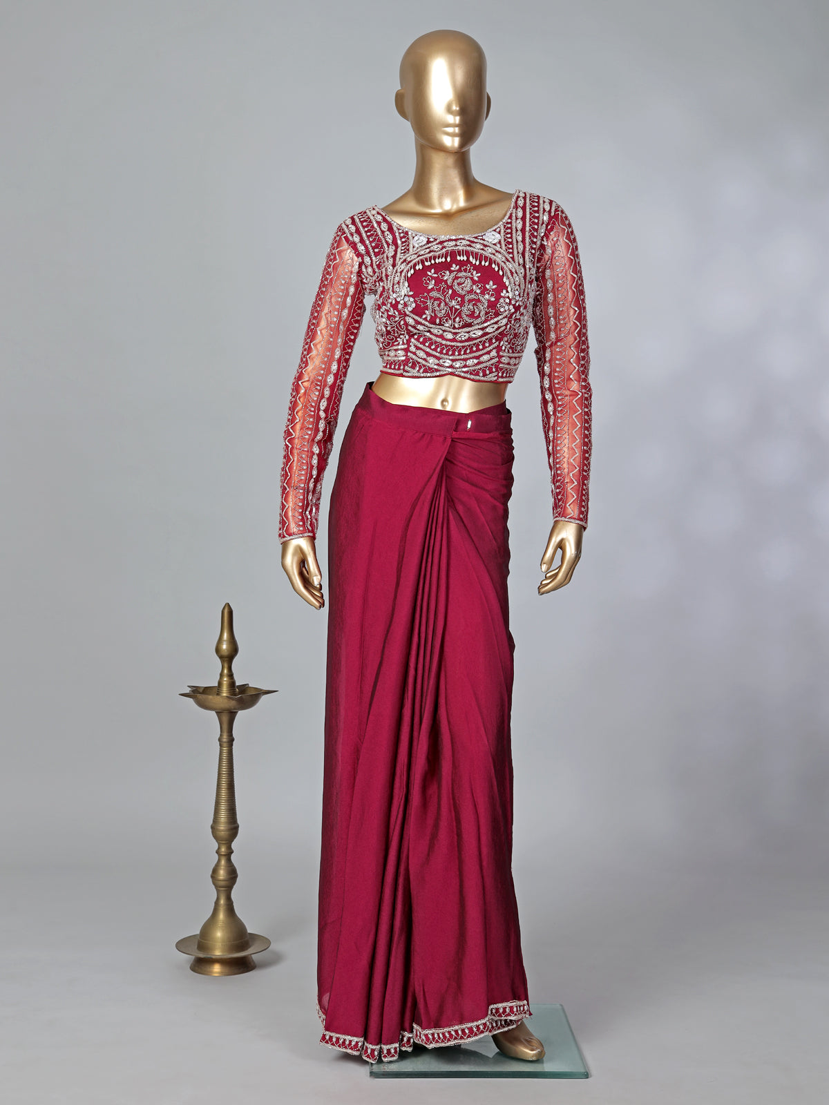 Maroon lycra ready to wear saree with ruffled pallu