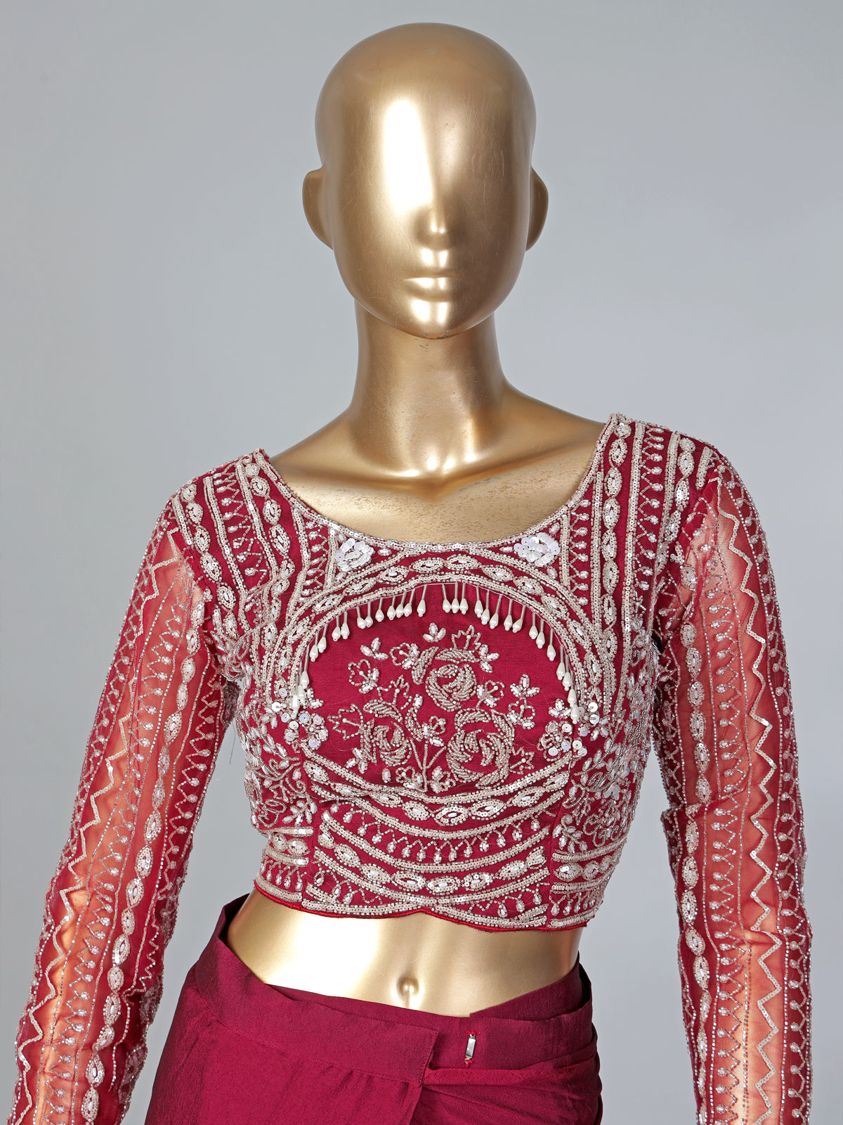 Maroon lycra ready to wear saree with ruffled pallu
