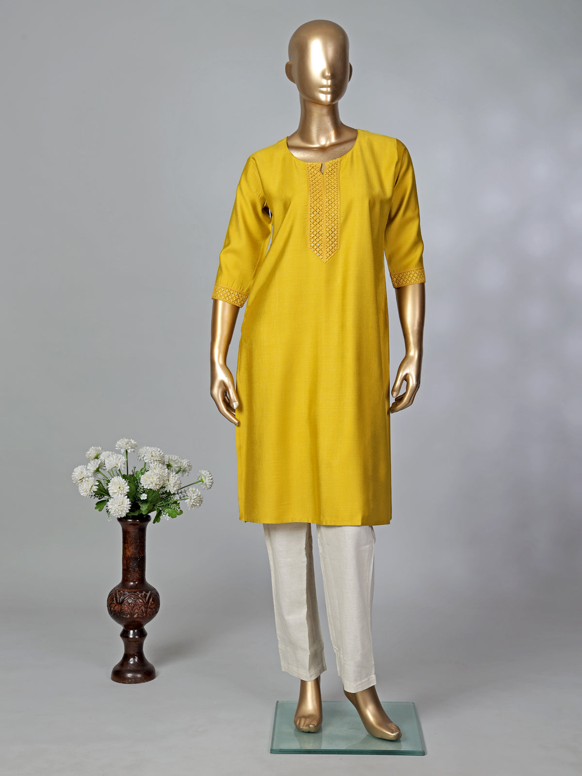 Mustard yellow cotton silk kurti for women