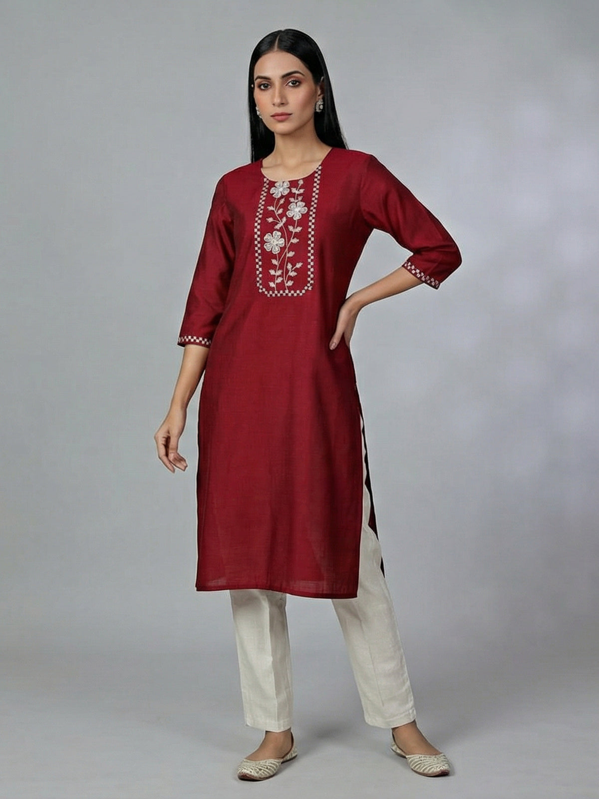 Maroon casual wear cotton silk kurti for women