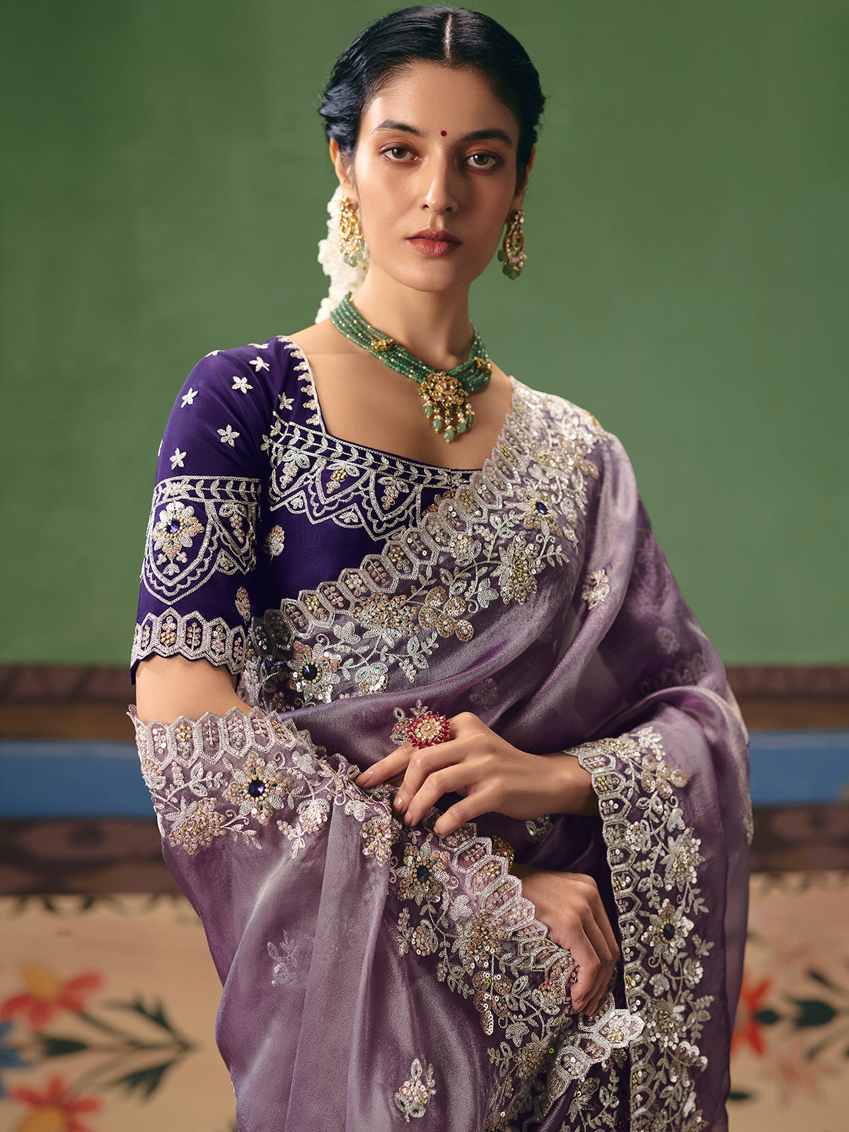 Light purple fancy silk wedding saree with statement blouse