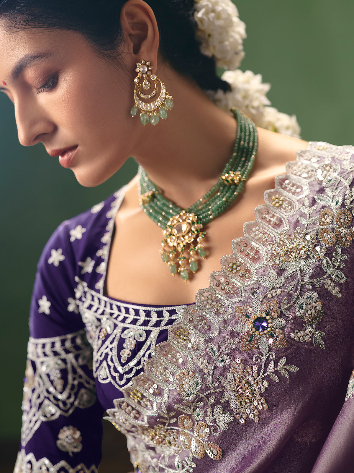 Light purple fancy silk wedding saree with statement blouse