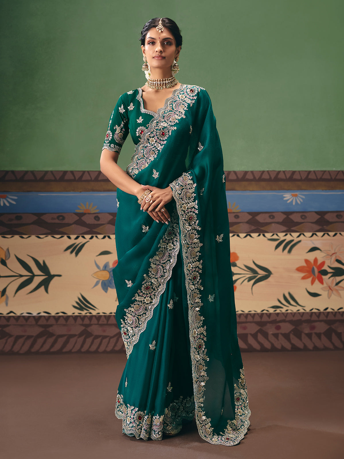 Rama green fancy silk saree for wedding celebrations