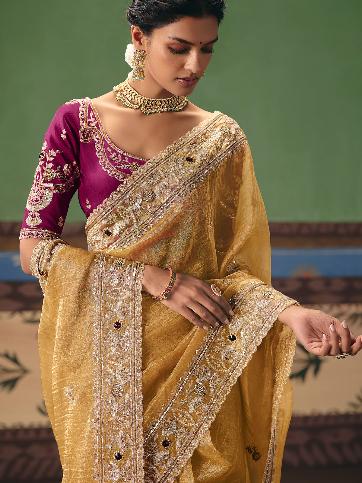 Beige fancy silk saree with contrast blouse