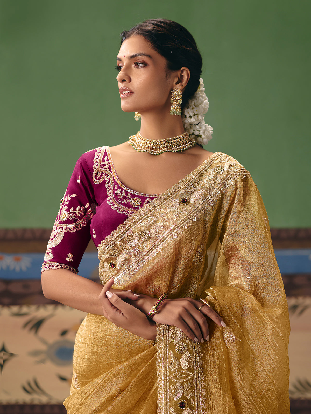 Beige fancy silk saree with contrast blouse