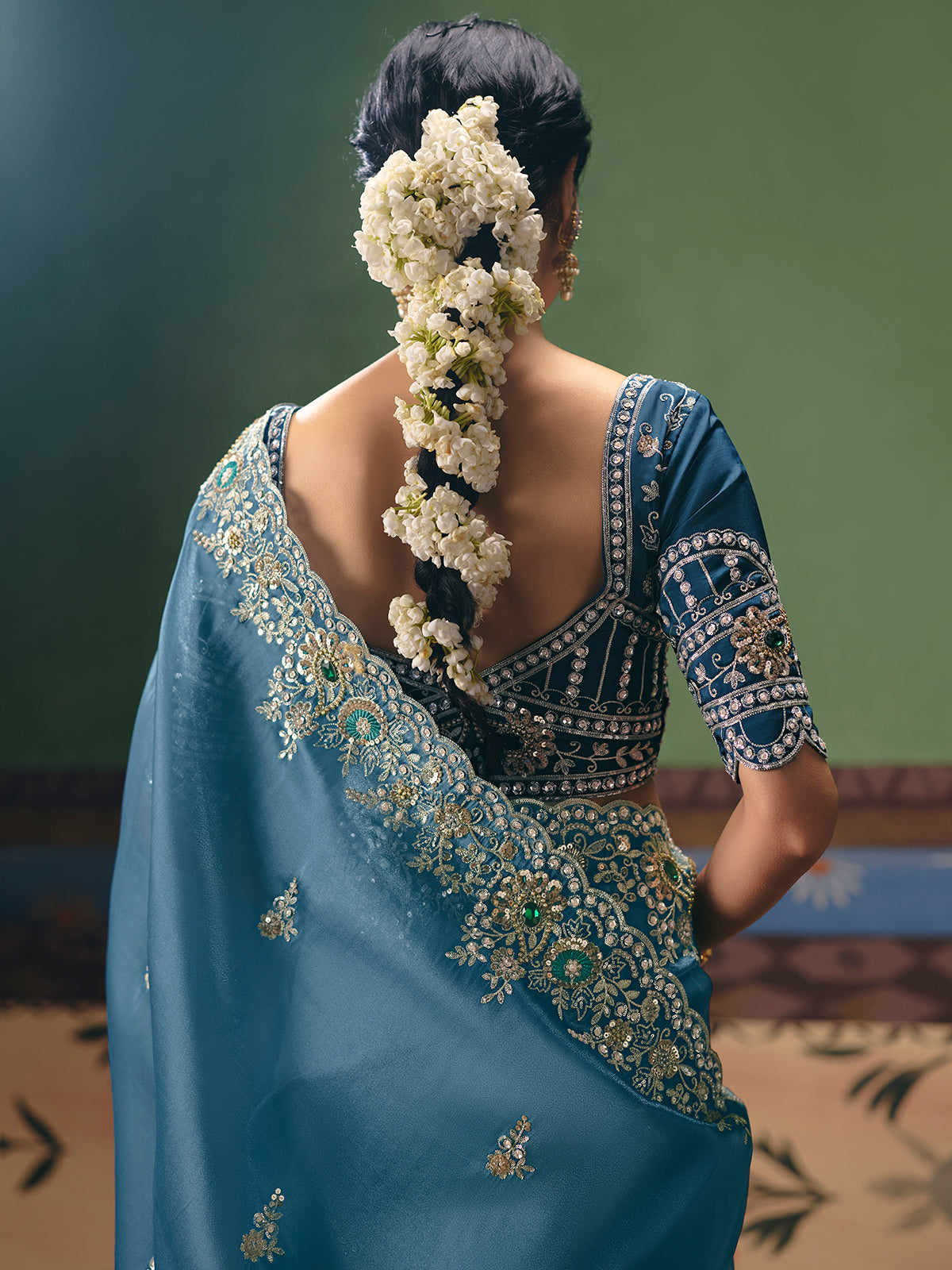 Light blue fancy silk wedding wear saree