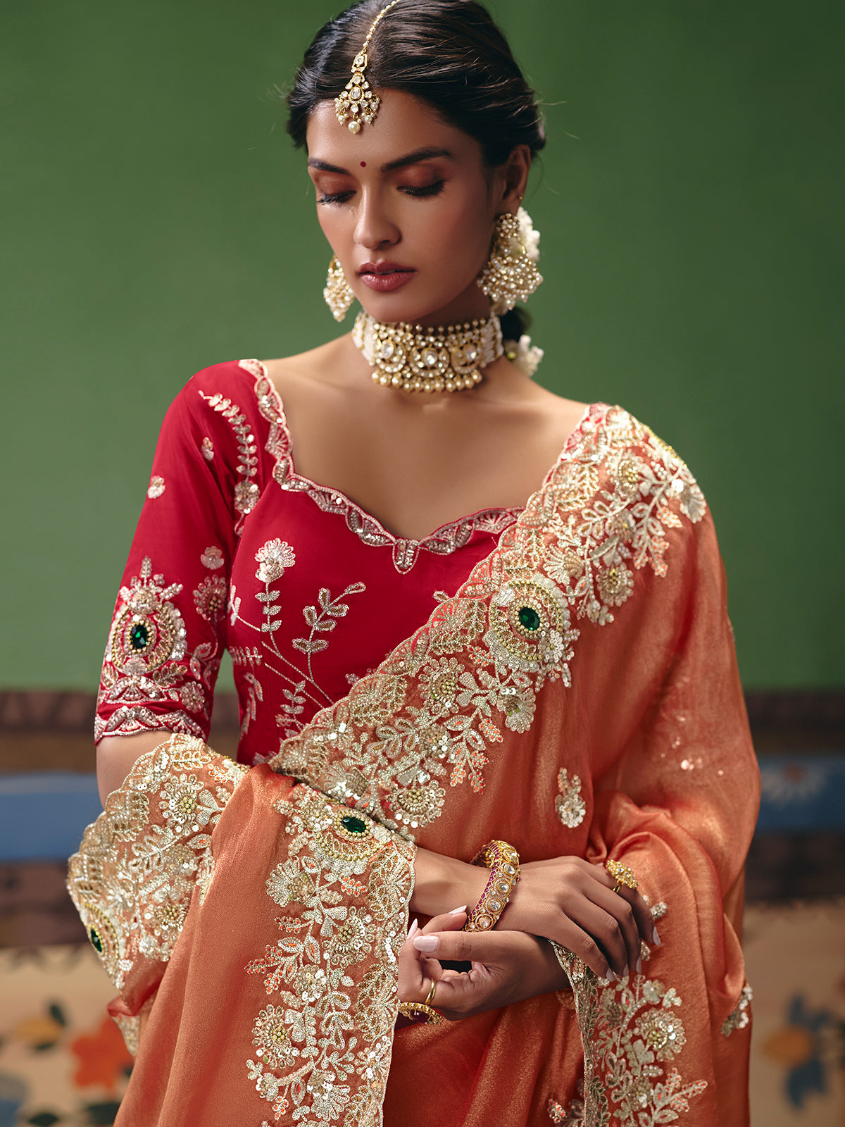 Peach fancy silk saree with rich embellishments