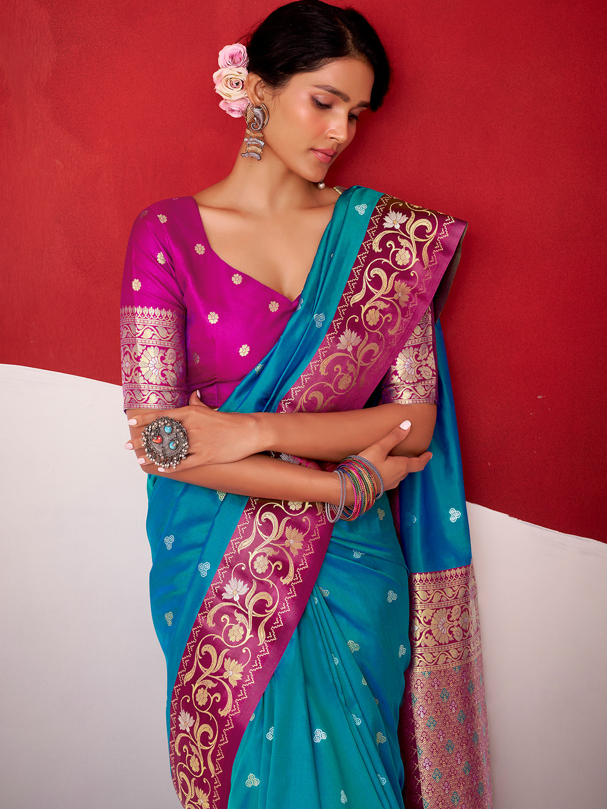 Blue satin silk festive wear saree