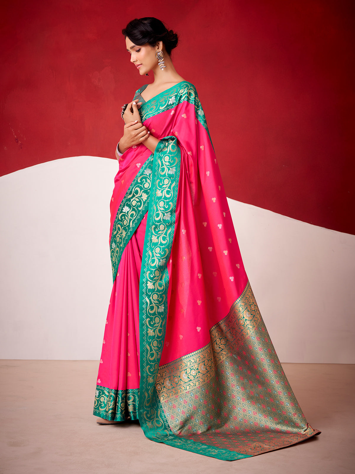 Magenta satin silk saree with contrast border