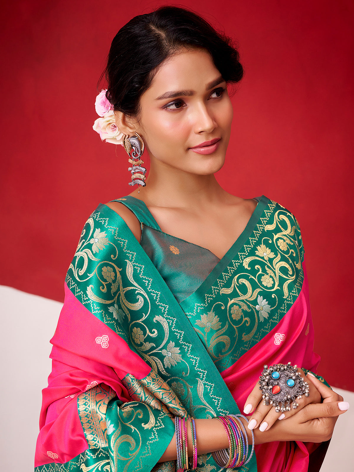 Magenta satin silk saree with contrast border