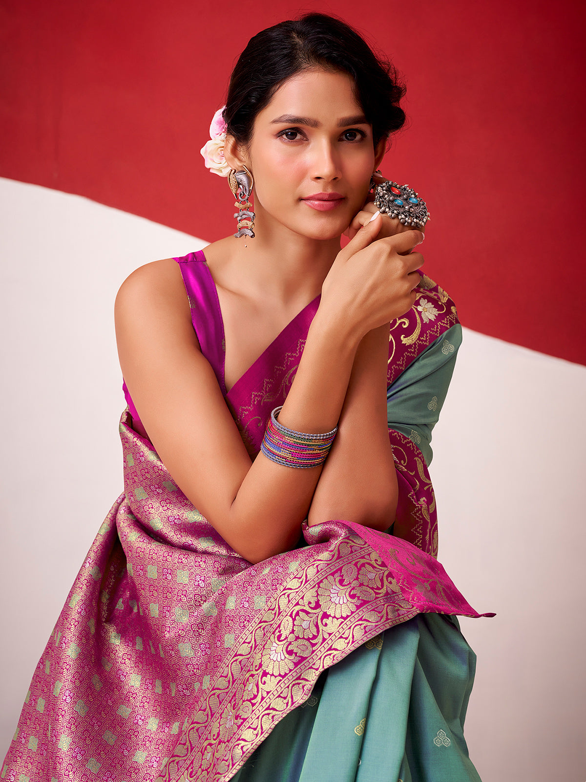 Grey satin silk saree for festive celebration