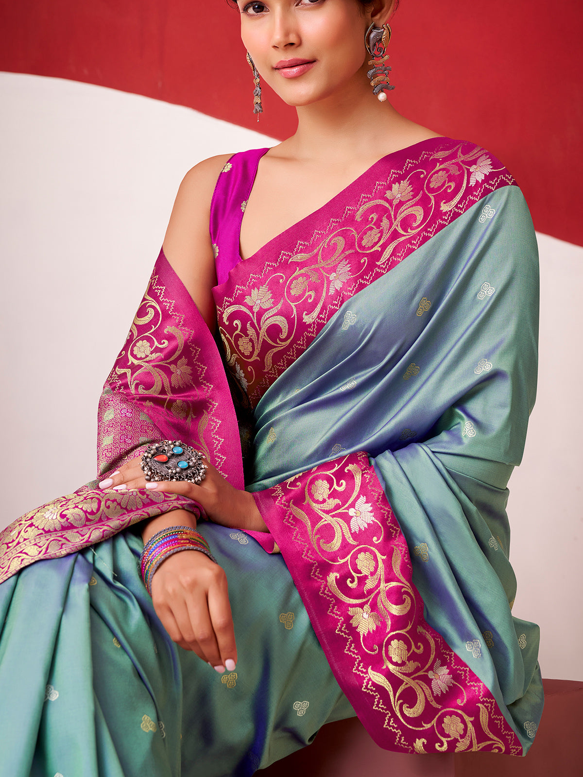 Grey satin silk saree for festive celebration