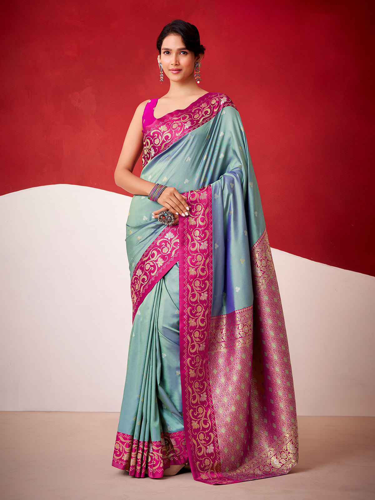 Grey satin silk saree for festive celebration
